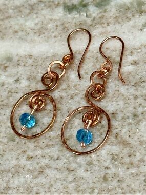Artisan Copper Hoop Drop Earrings with Blue Topaz Crystal Accent